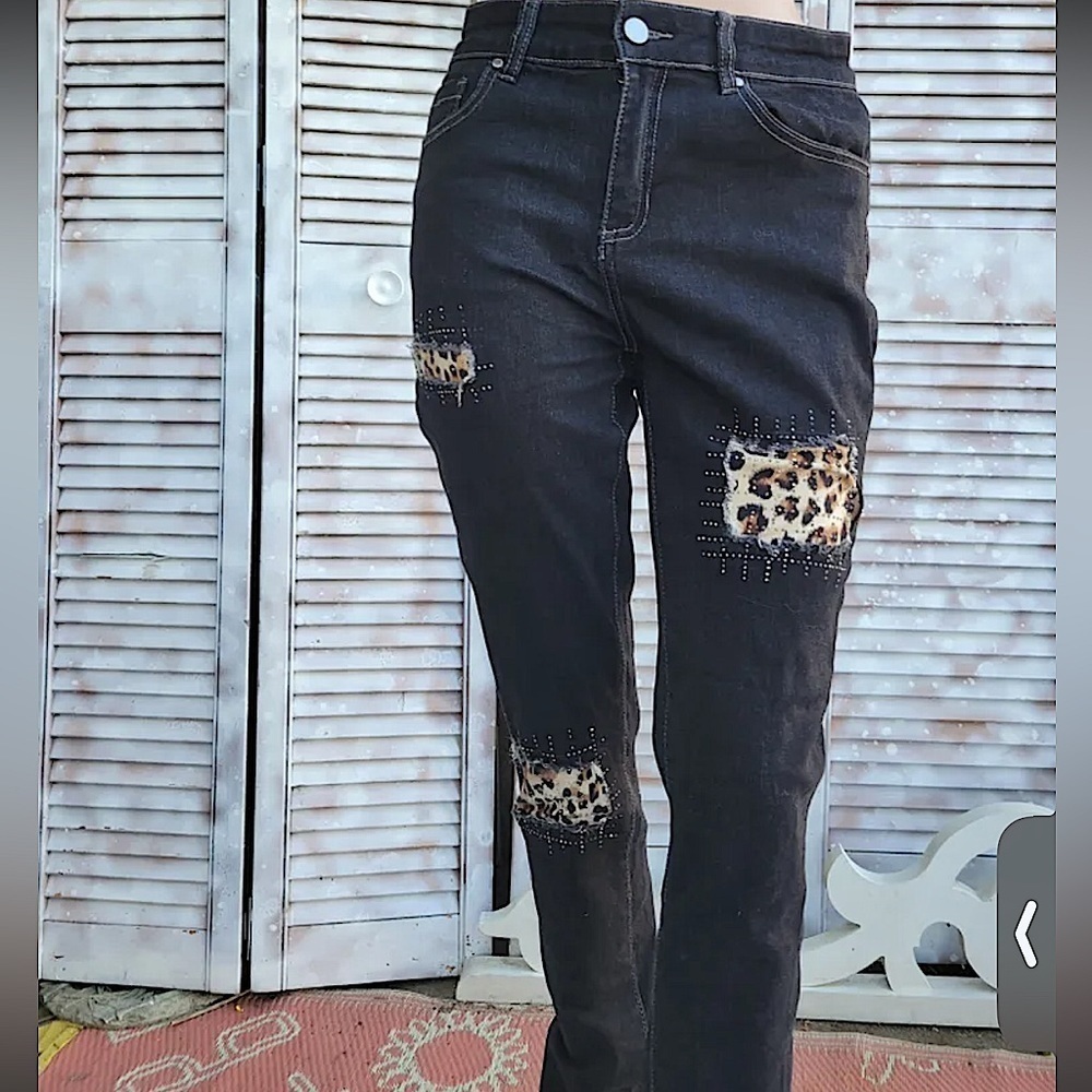 ORLY black jeans with leopard print patches
